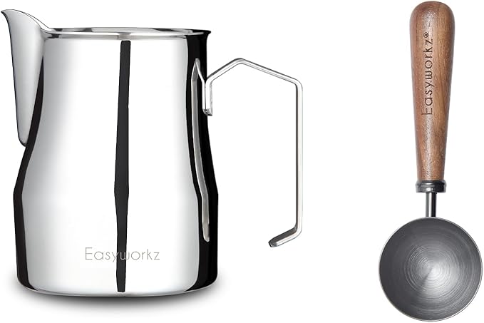 Easyworkz Espresso Steaming Pitcher Stainless Steel 15 oz Latte Art Cup, Bundled with Easyworkz Retro Stainless Steel Coffee Spoon With Black Walnut Handle,10g - Measuring Spoon (Gunmetal)