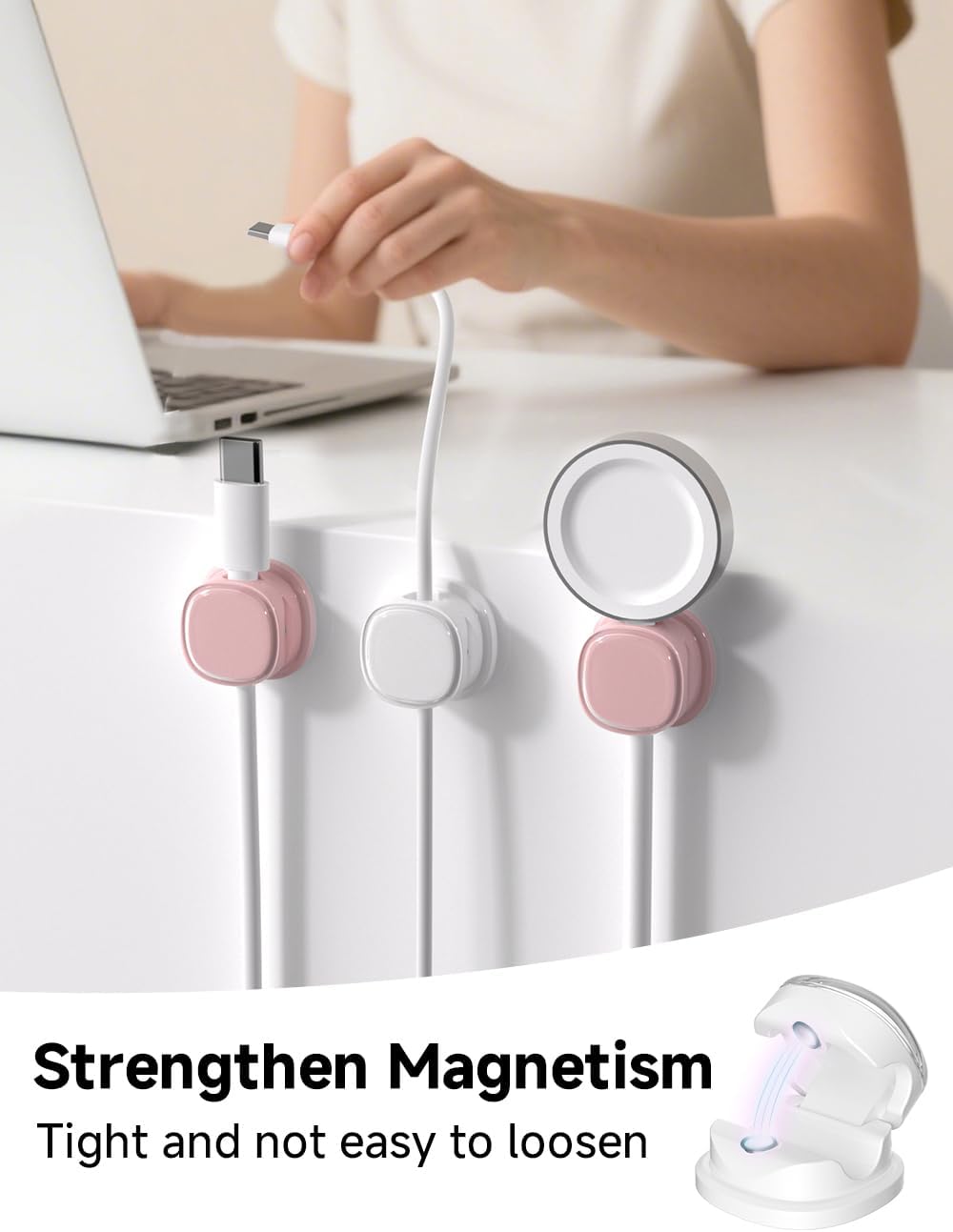 Magnetic Cable Clips, Adjustable Cord Holder Management, Adhesive Wire Keeper Organizer for Home Office Desk Phone PC Car Wall Desktop Nightstand Appliance (9-PCS White & Purple)