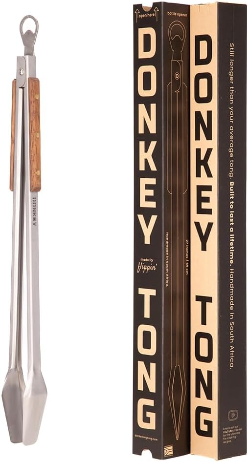 27" Heavy Duty BBQ Tongs - Extra Long Grilling tool for Outdoor Cooking, Smoking & Grilling | Handmade South African Rust Resistant Stainless Steel Meat Tongs with Wood Handles | Donkey Tong