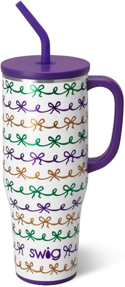 Swig Life 40oz Mega Mug, 40oz Tumbler with Handle and Straw, Extra Large Insulated Tumblers, Cup Holder Friendly Travel Mug (Mardi Gras Bows)