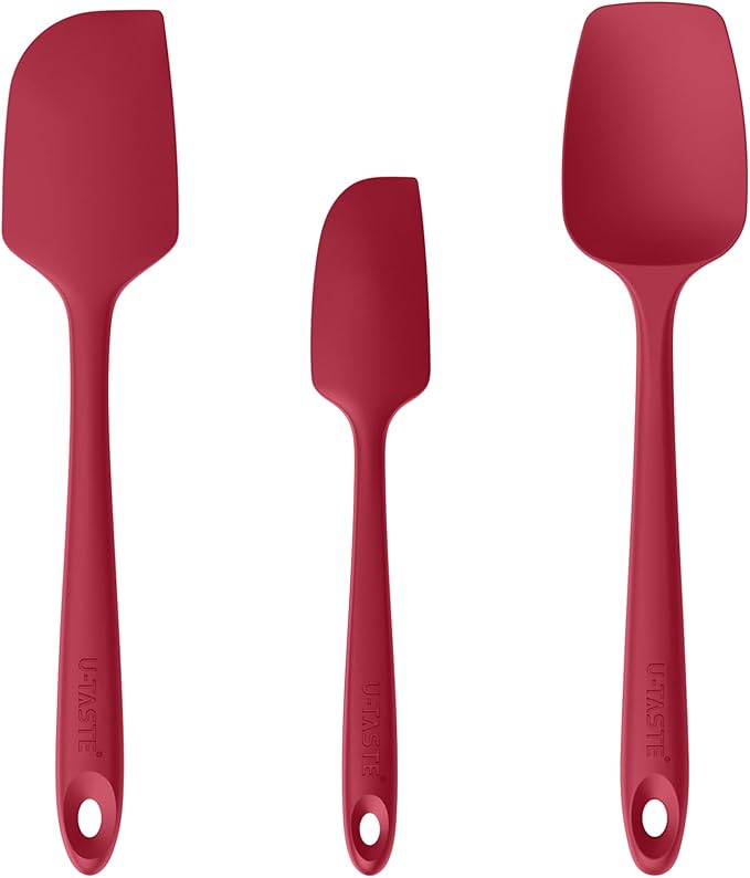 U-Taste Silicone Baking Spatula Set: 480ºF High Heat Resistant, Food Grade Flexible Rubber Kitchen Cooking Mixing Scraper, Food Grade Seamless Utensil for Nonstick Cookware Set of 3 (Red)