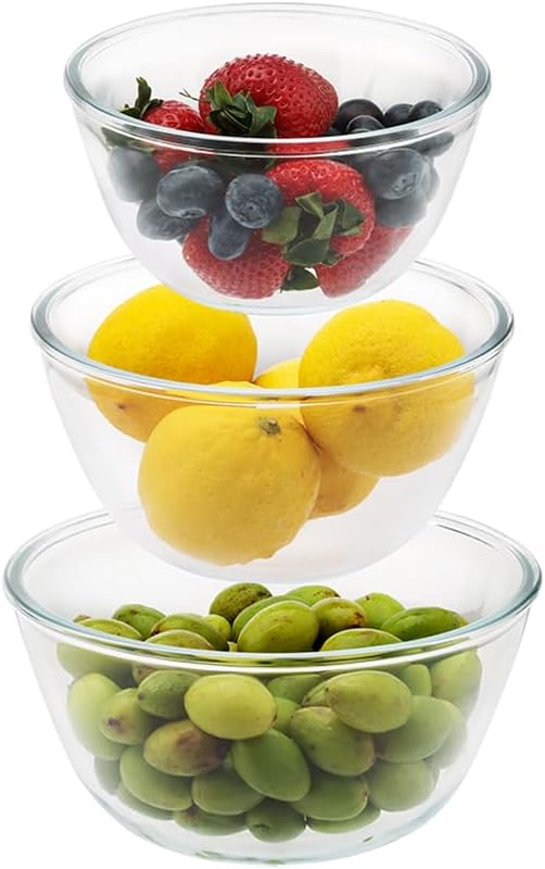 Cuiselect 3pc Glass Mixing Bowls Sets (1.64QT, 1.16QT, 0.85QT), Nesting Mixing Bowls for Cooking Prep, Baking, Storage, Large Salad Bowls Sets-Dishwasher Microwave Freezer Safe