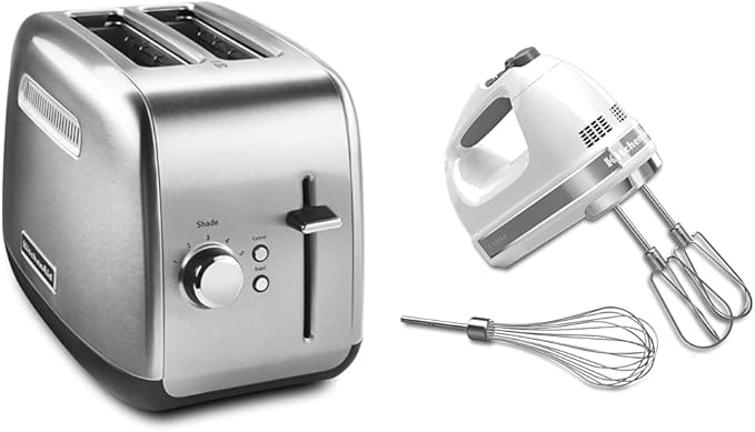 KitchenAid KMT2115SX Stainless Steel Toaster, Brushed Stainless Steel & 7-Speed Mixer-KHM7210 Hand Mixer, White