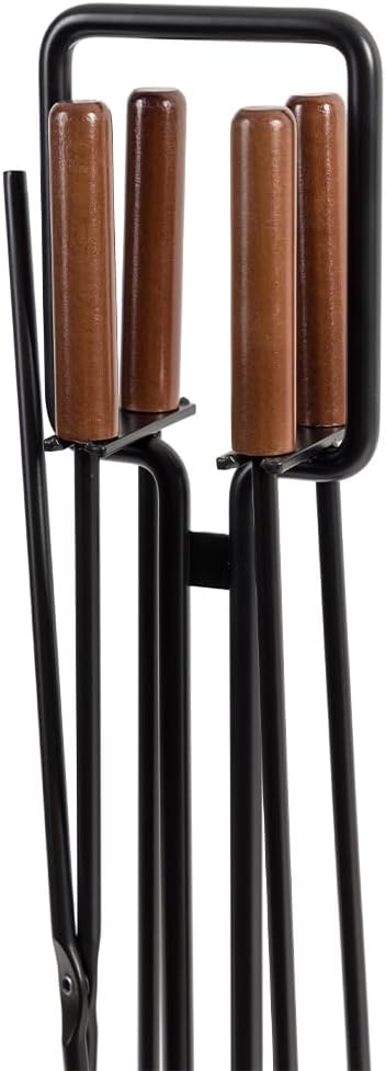 Modern Ember Levi 5 Piece Fireplace Tool Set in Black with Maple Wood Handles | Includes Brush, Shovel, Fire Poker, Tongs, and Stand | Heavy-Duty Steel | Heat-Resistant Powder Coating