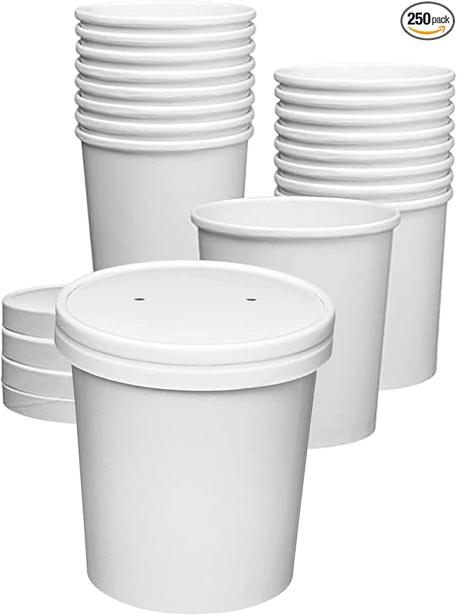 [250 Sets White Paper Food Containers With Vented Lids, To Go Hot Soup Bowls, Disposable Ice Cream Cups (24oz)