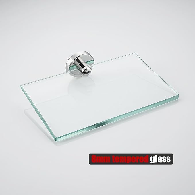 JQK Bathroom Glass Shelf Chrome, Tempered Glass Shower Storage 8 by 5 inches, 304 Stainless Steel Polished Chrome Wall Mount, TGS101L8-CH