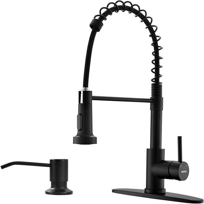WEWE Black Kitchen Faucet with Soap Dispenser, Kitchen Sink Faucet with Pull Down Sprayer Stainless Steel Single Handle High Arc Pull Out Matte Black Faucet for Bar Laundry RV Utility