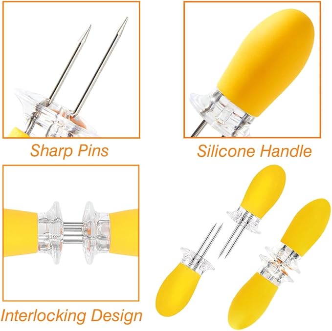 16 Pcs/8 Pairs Corn Holders, PEOUWNES Stainless Steel Corn Cob Holders Corn on The Cob Skewers, Interlocking Double BBQ Fork Skewers for Home Cooking Parties Camping (4 Colors)
