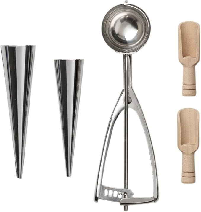 Printworks The Essentials, Ice Cream Tools – Stainless Steel Ice Cream Scoop with Trigger, Cone Shapes and Wooden Sprinkle Scoops, Book-Style Case