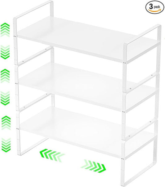 ‎Expandable Kitchen Cabinet Storage Shelf, Stackable Metal Pantry Storage Shelves Organizer, Adjustable Height Counter Spice Rack for Kitchen Cabinet (White - 16.5"-27" L x 10.2" W x 9.6" H - 3Pack)