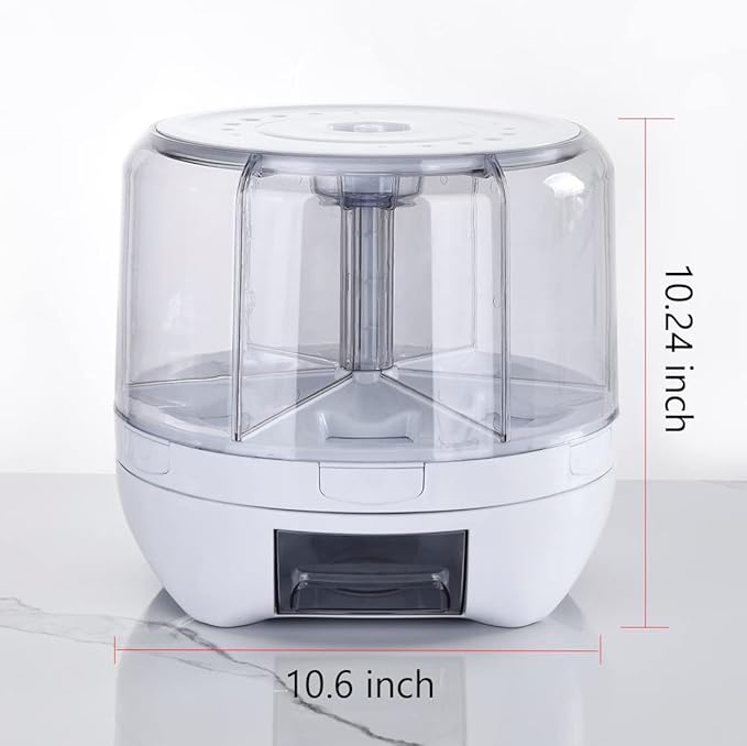 XIYAO 20Lbs large Grain dispenser 360°Rotating Rice Food Dispenser 6 Grids rice container rotatable Beans Containers Storage with Sealed lid for Peanut Barley Millet and Cereal