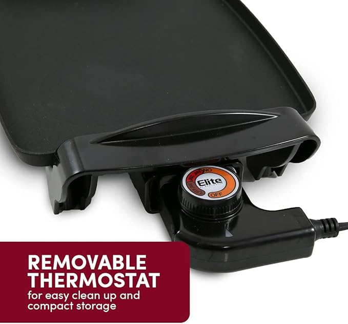 Elite Gourmet EGR-2722B Electric 10.5" x 8.5" Griddle, Cool-touch Handles Non-Stick Surface, Removable/Adjustable Thermostat, Skid Free-Rubber Feet, Black