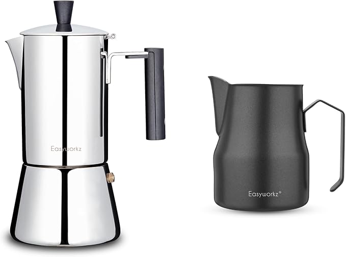 Easyworkz Pedro Stovetop Espresso Maker 6Cup 300ml, Bundled Espresso Steaming Pitcher Stainless Steel 15 oz Coffee Frothing Picther Milk Jug Cappuccino Latte Art Cup