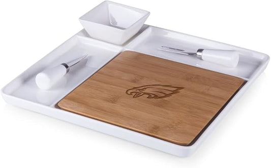 Picnic TIME NFL Peninsula Cutting Board & Serving Tray - Cheese Board - Charcuterie Board - Appetizer Plate, Bamboo & White Ceramic