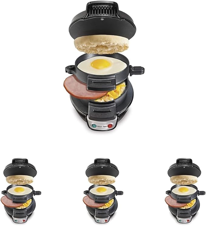 Hamilton Beach Breakfast Sandwich Maker with Egg Cooker Ring,Customize Ingredients,Perfect for English Muffins,Croissants,Mini Waffles,Perfect White Elephant Gifts,Black (25477),(Pack of 4)