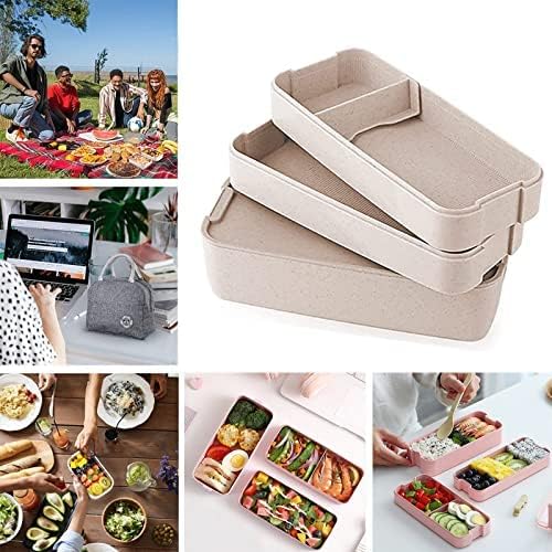 Rarapop 2 Pack Stackable Bento Box Japanese Lunch Box Kit with Spoon & Fork, 3-In-1 Compartment Wheat Straw Meal Prep Containers for Kids & Adults (Green/Beige)