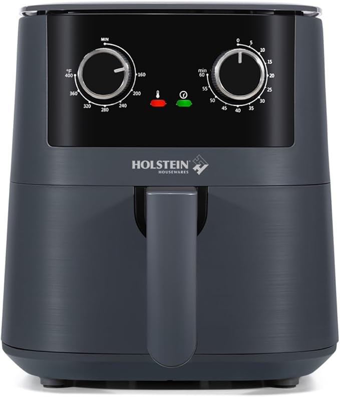 Holstein Housewares 4.4QT Air Fryer. Your All-in-One Culinary Solution. Air fry, roast, bake or grill. Adjustable temperature and time, Hot air technology and Dishwasher Safe, 1400W, Grey