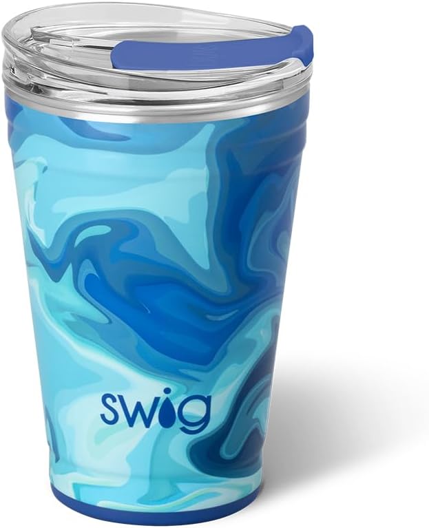 Swig Life 18oz Party Cup, Stackable Insulated Travel Coffee Tumbler with EZ Slider Lid, Cup Holder Friendly Travel Bottles, Stainless Steel 18 oz Tumbler, Reusable Coffee Mug (Blue Lagoon)