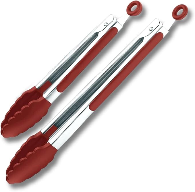 Red Stainless Steel Tongs Heat Resistant Kitchen Tongs Set - 9" & 12" Inch, BBQ Tongs with Silicone Tip, Strong Grip for Cooking, Salad Tossing, Air Fryer, & Grill Tongs- Pull Lock, Red - Set of 2