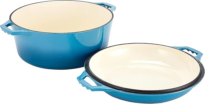 Bruntmor 2-in-1 Enamel Cast Iron Dutch Oven With Handles - Crock Pot Blue Cast Iron pot with Skillet lid - All-in-One Cookware Braising Pan for Casserole Dish - 7 Quart, Blue