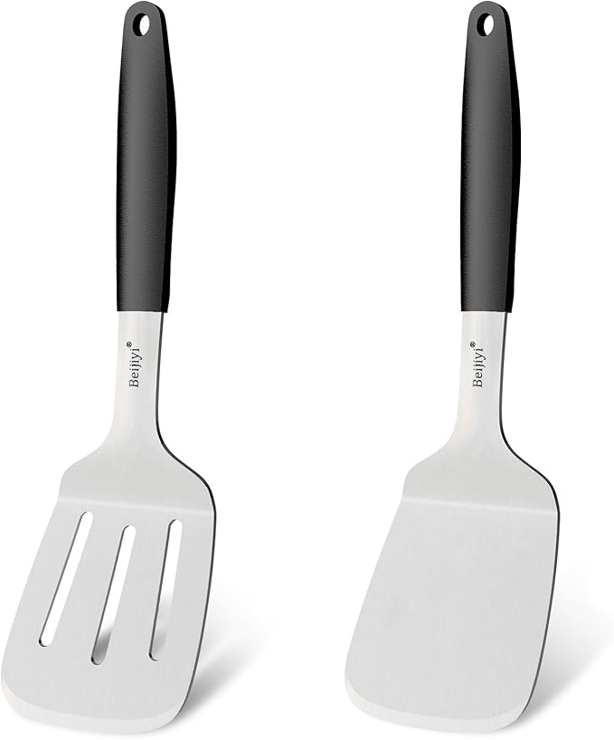 Beijiyi Stainless Steel Spatula Set, 2 Pcs Small Metal Spatula for Cast Iron Skillet, Solid and Slotted Turner Spatulas for Kitchen Use with Silicone Handle, Cooking Utensils for Eggs, Burger, Steak