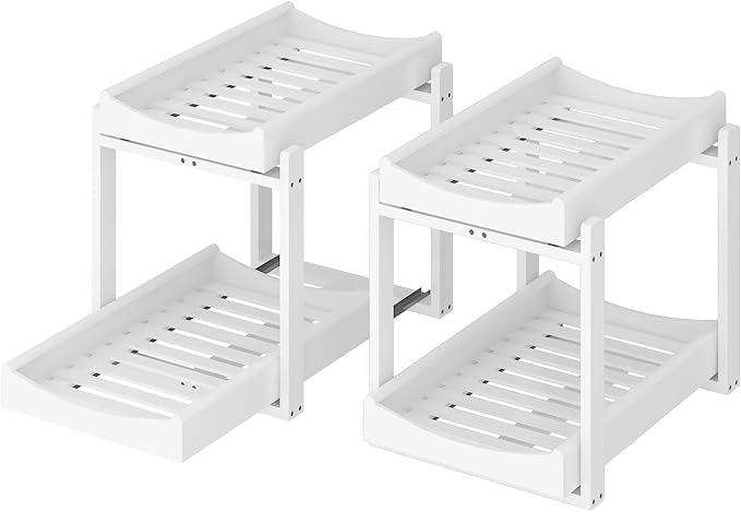 MHXW SXPN Bamboo Under Sink Organizer and Storage, Pull Out Cabinet Organization, 2 Tier Vertical Slide Out Undersink Storage Shelf, Organizer Shelves for Kitchen Bathroom Medicine (White, 2 Pack)