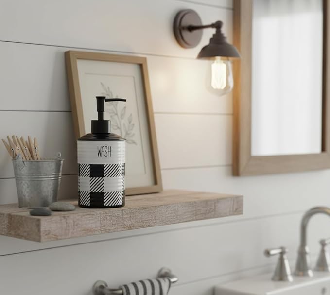Youngs 21079 Buffalo Plaid Lotion Dispenser, 7-inch Height, Ceramic, Black and White