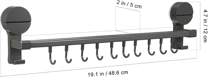 No Drill Kitchen Utensil Rack with 10 Hooks : Wall Mounted Suction Cup Holder for Hanging Spoons Towels Tools - Adjustable Double Rod Organizer for Kitchenware Storage