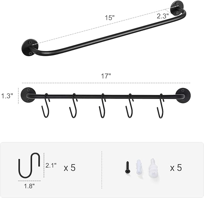 Mkono Mug Holder Wall Mounted Coffee Cup Rack Hanger Modern Metal with 10 Mug Hooks Rustic Utensil Tea Cups Storage Organizer for Kitchen Dining Room Coffee Bar, Set of 2, Black