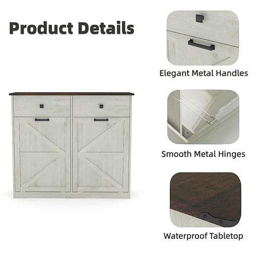 20 Gallon Double Tilt-Out Trash Can Cabinet,Wood Hidden Garbage Can Cabinet – Free Standing Recycling Cabinet Pet Proof Trash Can Holder with 2 Drawer for Kitchen Bathroom, Living Room,White