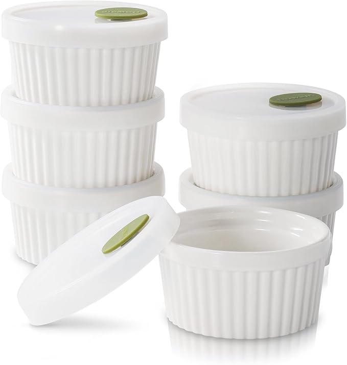 DOWAN Ramekins with lids 4 oz, Creme Brulee Ramiken Oven Safe, Ceramic Baking Bowls Souffle Dishes, Custard Cups Charcuterie Boards Bowls Dipping Sauces, Set of 6, White