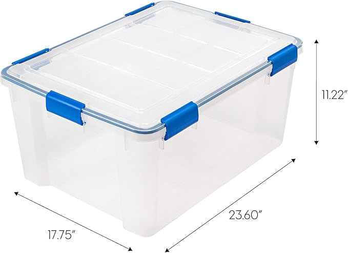 IRIS USA 60 Quart WEATHERPRO Plastic Storage Box with Durable Lid and Seal and Secure Latching Buckles, 3 Pack, Weathertight, Keep Pest Dust and Moisture Out, for Oversized Bulky Items, Clear/Blue