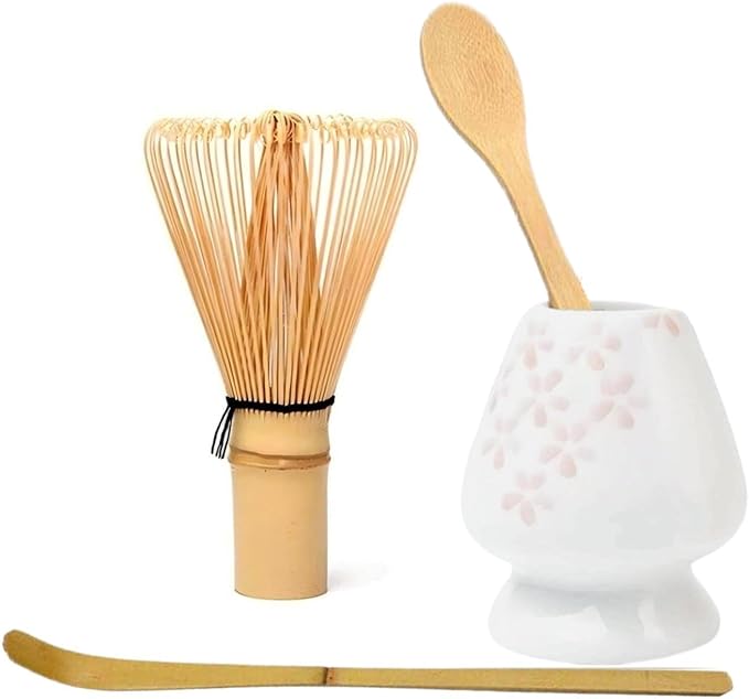 Matcha Whisk Holder Matcha Chasen Whisk Stand Ceramic Holder fit for Traditional Japanese Tea Ceremony Starter (Cherry Blossoms porcelain white)