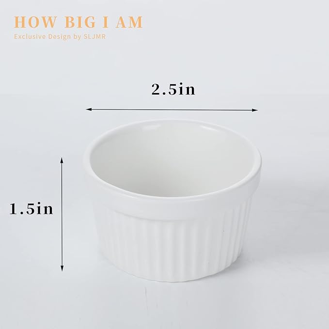 2.5 oz Ramekins 6 pcs Porcelain Ramekins Dishes for Souffle,Creme Brulee, Pudding, Custard Cups,Bakeware Bowls Set for Baking,Oven Safe, White 2.5 inch