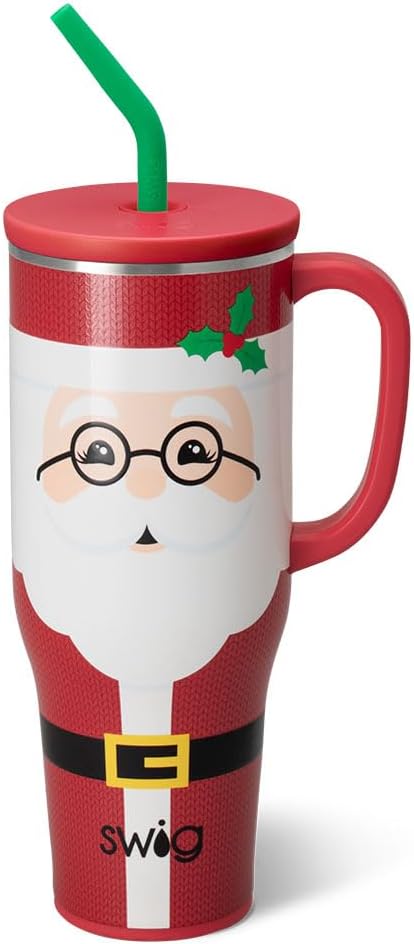 Swig Life 40oz Mega Mug, 40oz Tumbler with Handle and Straw, Extra Large Insulated Tumblers, Cup Holder Friendly Travel Mug (Mr Claus)