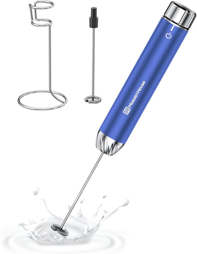 Maestri House Rechargeable Milk Frother with Stepless Speed Control, Handheld Electric Foam Maker Waterproof Drink Mixer Foamer with Stainless Steel Stand & Whisks
