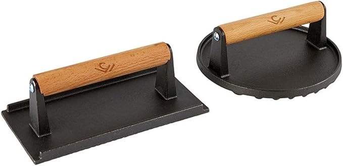Cast Iron Burger Press Kit, 2‑Piece Set, Wood Handle, Heavy-Duty Grill Tool for Smash Burgers and Griddle Cooking