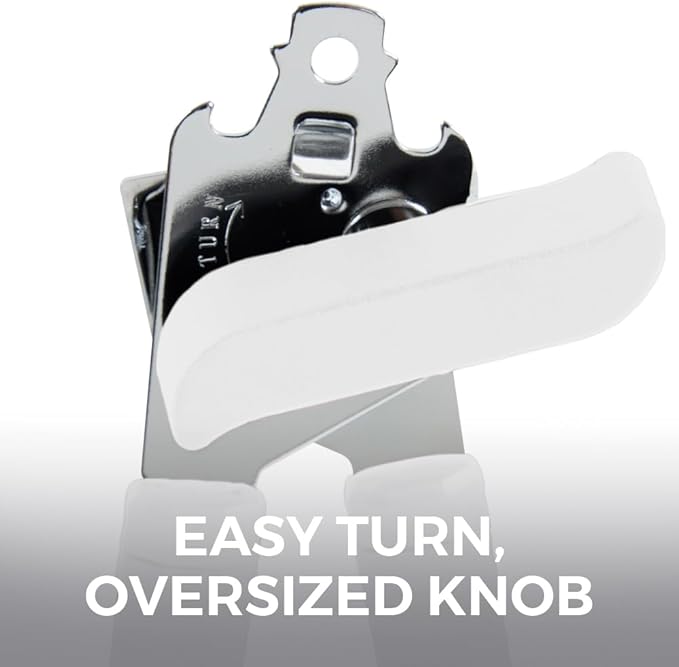 Kitchen Genie Heavy Duty Stainless Steel Manual Can Opener, Sharp Blade for Smooth Edge Cuts, Open Cans Easily, Slip-Resistant Ergonomic Handle, Easy to Turn Hand Knob, Built-In Bottle Openers, White