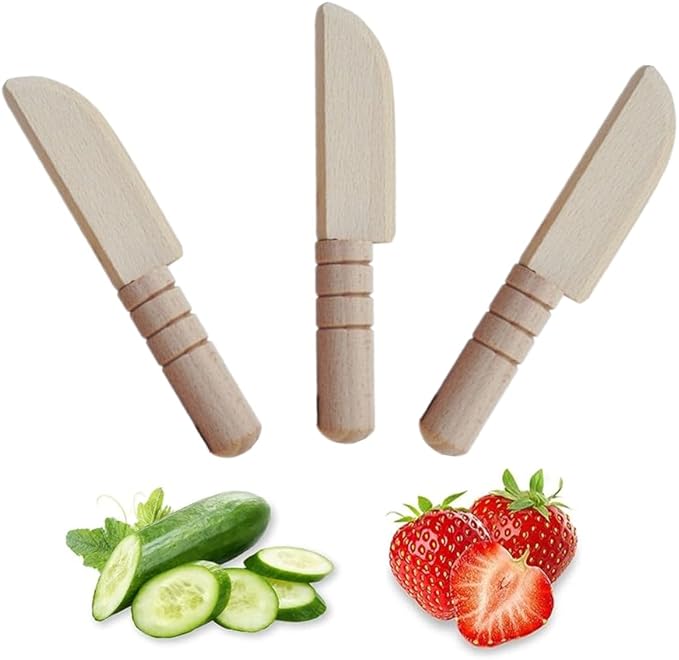 3 PCS Wooden Kids Safe Cutting Knife, Children's Kitchen Tools for Cooking, Veggies, Fruits, Salad, Cake (For 2-10 Years Old)