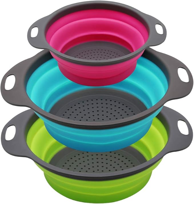 Qimh Collapsible Colander Set of 3 Round Silicone Kitchen Strainer Set - 2 pcs 4 Quart and 1 pcs 2 Quart- Perfect for Draining Pasta, Vegetable and fruit (green,blue, purple)