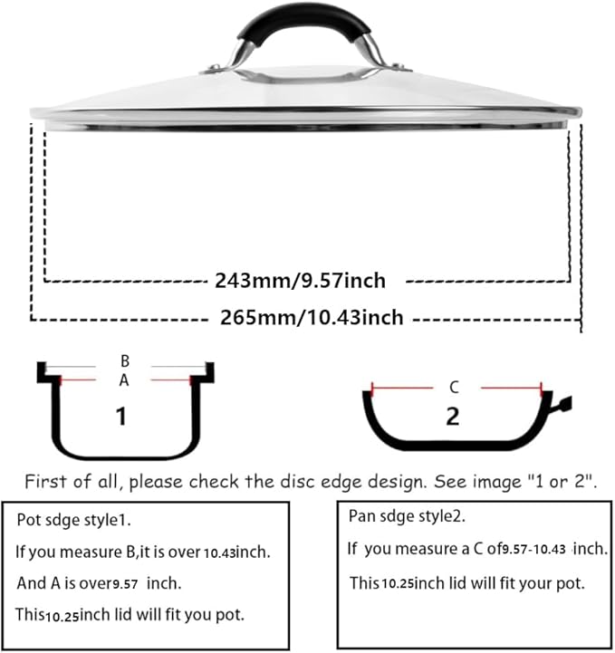 10.25 Inch Tempered Glass Lid for Lodge 10.25" Cast Iron Skillets & 5QT Dutch Ovens -Stainless Steel Handle and Rim (10.25 INCH LID)