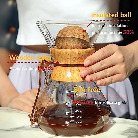 Pour Over Coffee Maker With Wood Sleeve，13.5oz/400mlPour Over Coffee Dripper,Pour Over Coffee Maker Set With Cork Stopper (13.5oz/400ml)