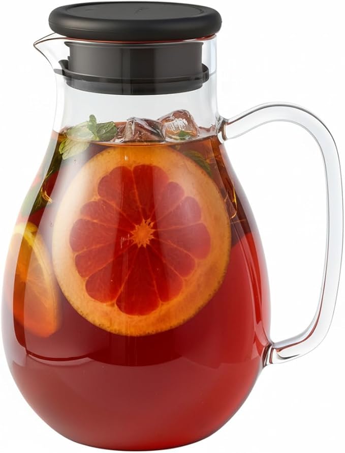Glass Pitcher with Lid, 68 oz(1/2 Gallon), Hot/Cold Glass Water Jug with Silicone Lid, Borosilicate Glass Carafe Wide Mouth Juice and Iced Tea Beverage Serveware (Round)