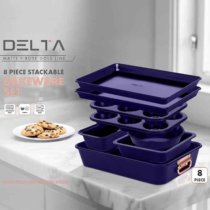 Stackable Nonstick Bakeware Set, 8 Piece Baking Pan Set, Oven Safe Carbon Steel, Includes Cookie Sheet, Muffin Pan, Loaf Pan & Roaster