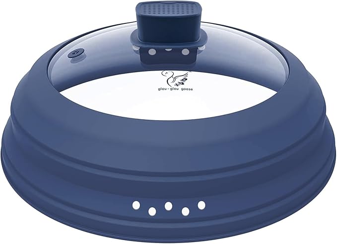 Microwave Splatter Cover Glass Guard Lid with Collapsible Silicone for Food Pot Plate Cover 9.8 inch Dark Blue