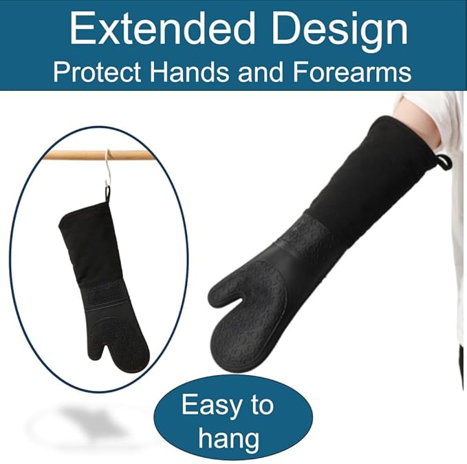 Extra Long High Temp Oven Mitts - 2pcs Commercial, Heavy Duty Non-Slip Grip Mitts - Silicone Heat Resistant Up to 500 Degrees, Ideal for Cooking, Baking & Frying, Black