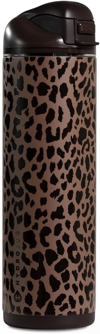 HydroJug Ease2o Water Bottle with Straw & Chug Lid, Stainless Steel, Vented Cap to Help Reduce Pressure, Water-Level Window, Cup Holder Friendly, Non-Slip Base – 24oz, Brown Leopard