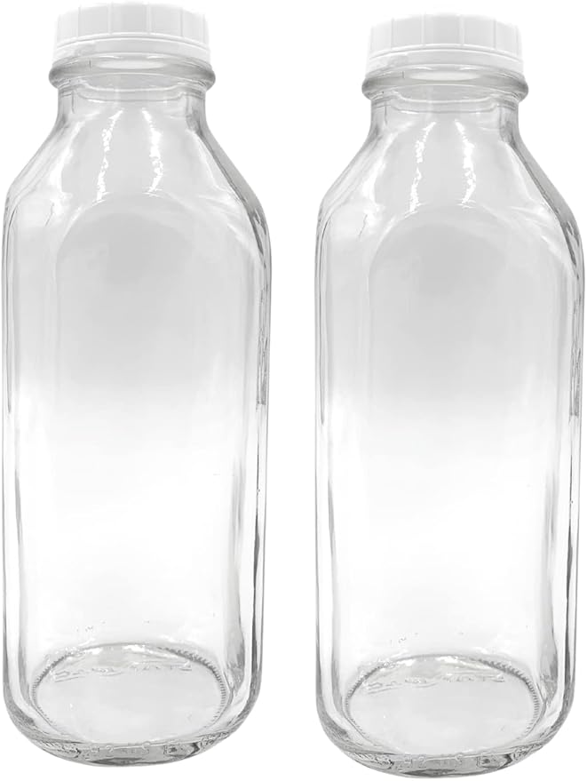 The Dairy Shoppe Glass Milk Bottle, Heavy Glass with Extra Lid, Creamery Style (2, Liter)