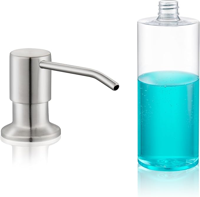 Built in Soap Dispenser for Kitchen Sink Countertop, Brushed Nickel Stainless Steel Soap Dispenser Pump Head Refill from the Top with 11 Ounce Transparent Soap Bottle