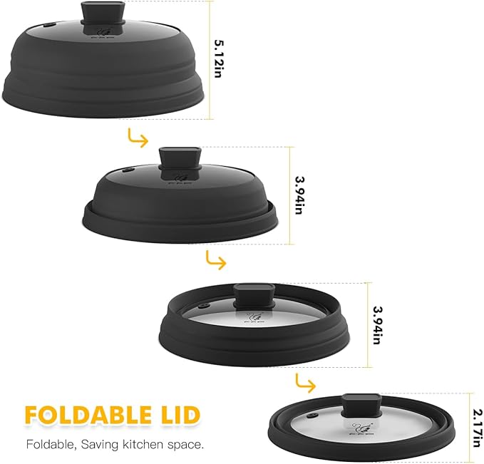 Microwave Splatter Cover Glass Guard Lid with Collapsible Silicone for Food Pot Plate 9.8 inch Black